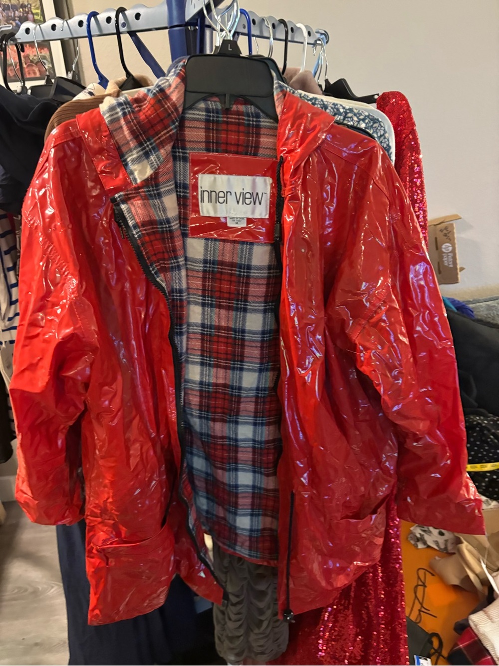 Red Vinyl Rain Jacket with Plaid Lining